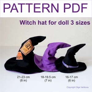 Könnte beinhalten: Drei Hexenhüte in verschiedenen Größen für Puppen. Der größte Hut ist schwarz mit einem violetten Rand und hat einen braunen Aufnäher mit dem Text "OCT 31" darauf. Der mittlere Hut ist violett mit einem schwarzen Rand. Der kleinste Hut ist schwarz mit einem violetten Band und einem violetten Rand. Die Hüte befinden sich auf einer weißen Oberfläche. Der Text "Witch hat for doll 3 sizes" befindet sich oben im Bild. Der Text "21-23 cm (8 in)" befindet sich unter dem größten Hut. Der Text "18-19,5 cm (7 in)" befindet sich unter dem mittleren Hut. Der Text "16-17 cm (6 in)" befindet sich unter dem kleinsten Hut. Der Text "Copyright Olga Vertkova" befindet sich unten im Bild.