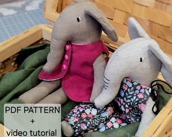Small elephant pattern: dress and romper, stuffed 6 inch toy (pattern PDF), video tutorial