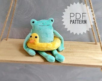 Summer Frog with duck lifebuoy Pdf pattern, plush leggy frog sewing tutorial, stuffed animal pattern, easy pattern, plushie pattern
