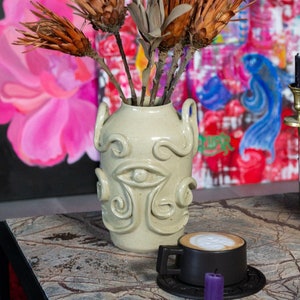 Sculptural Handmade Ceramic Vase, Stoneware, green lemon, Sculptural vase image 1