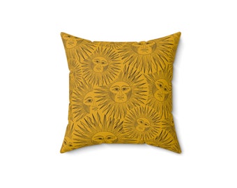 Stellar Sun, Spun Polyester Square Pillow, mustard/yellow ochre color, homedecor, homdesign