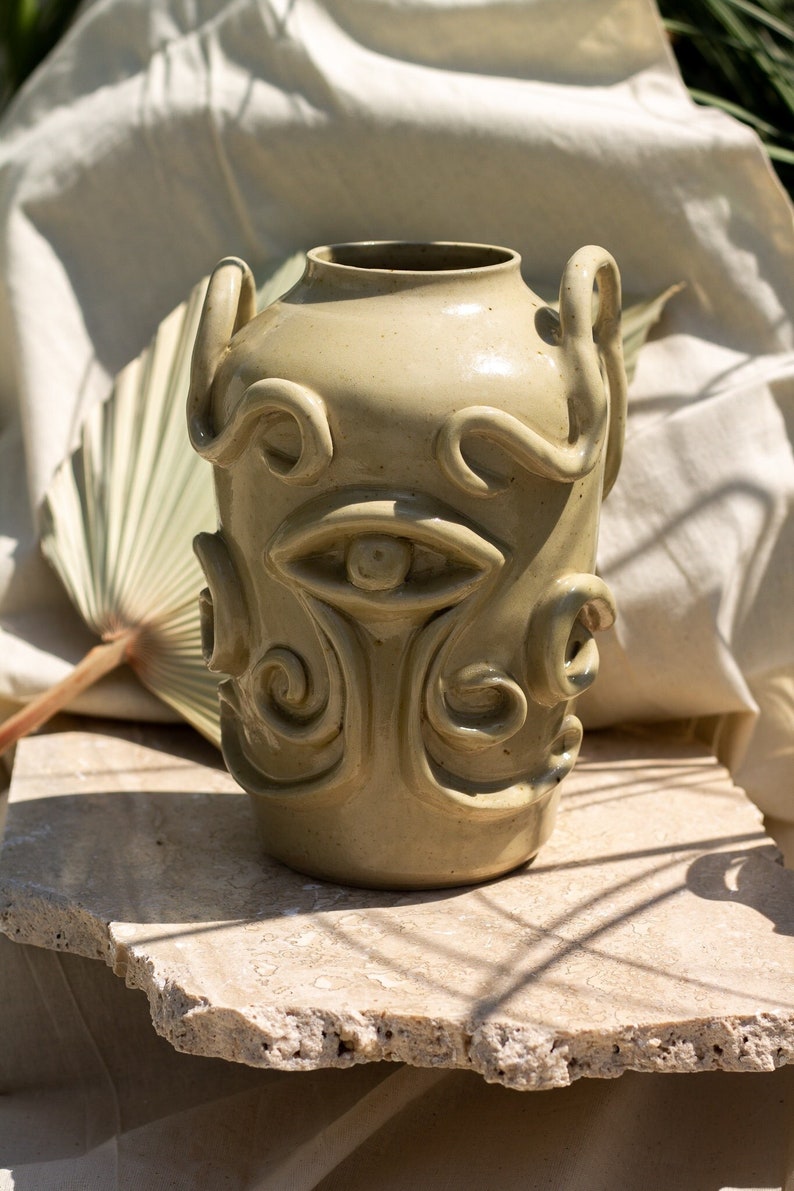 Sculptural Handmade Ceramic Vase, Stoneware, green lemon, Sculptural vase image 2