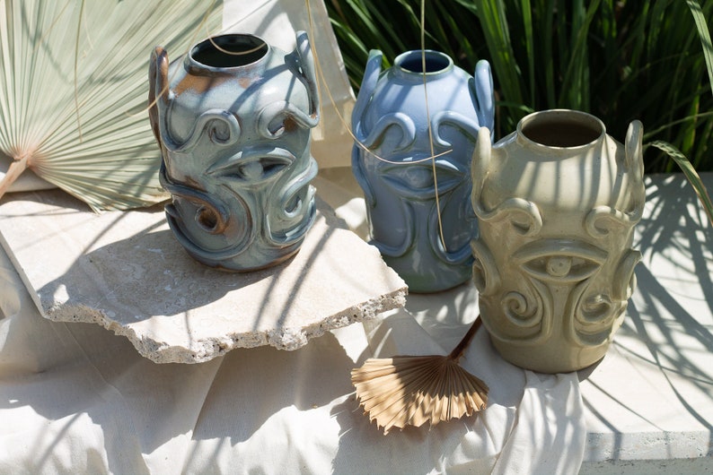 Sculptural Handmade Ceramic Vase, Stoneware, green lemon, Sculptural vase image 8