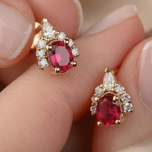 Pink Ruby Moissanite Stud Earrings, 14K Gold Ruby Earrings, Oval Pink Gemstone Studs, Floral Earrings, Elegant Gift for Her, Fine Jewelry