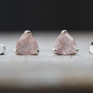Natural Rose Quartz Stud Earrings-925 Sterling Silver Earring-Trillion Cut Rose Quartz Studs-Statement Minimalist Earrings-Handmade Earring