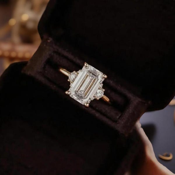 Three Stone Emerald Cut Moissanite Engagement Ring 14k Gold Solitaire Moissanite Wedding Ring Emerald Cut Side Emerald Cut Anniversary Ring