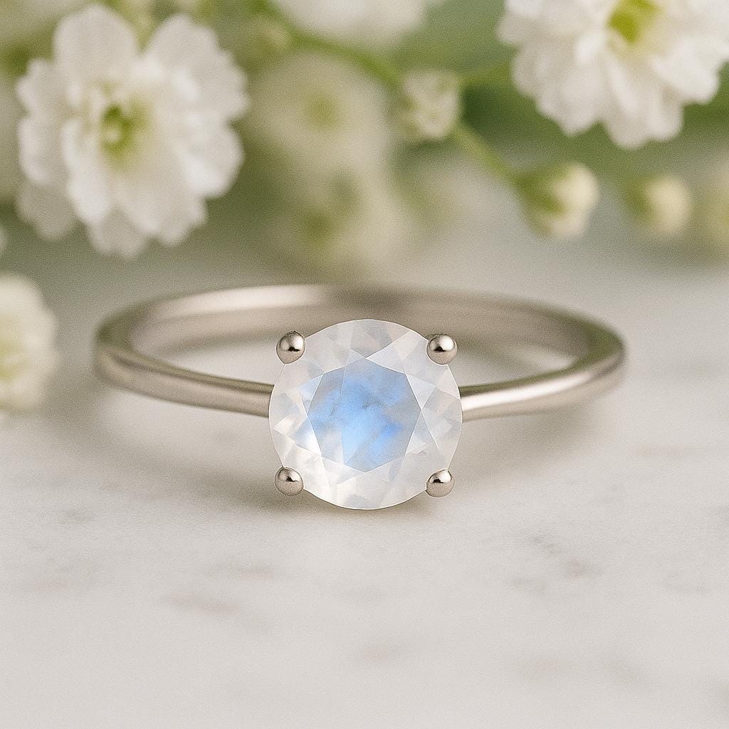 Rainbow Moonstone Silver Ring, 925 sterling silver ring, Natural Moonstone Round Cut Ring, Statement  Women minimalist Ring, Gift For her