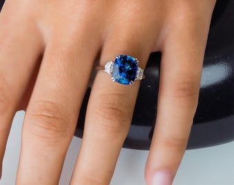 Cushion Cut Blue Sapphire Wedding Ring 14k Yellow Gold Solitaire Engagement Ring Prong Ring Bezel Set Moissanite Anniversary Gift for Her