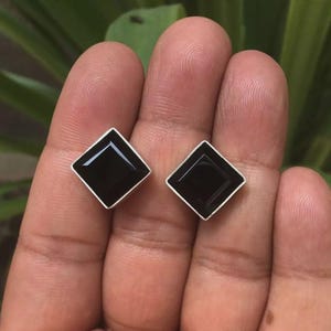 Black Onyx Stud Earrings-925 Sterling Silver Earring-Square Cut Natural Black Onyx Stud-Statement Minimalist Earrings-Handmade Women Earring