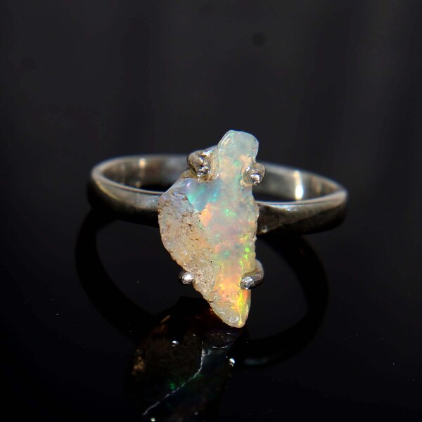 Natural Opal Raw Ring-925 Sterling Silver Ring-Opal Gem Ring-Stackable Ring-October Birthstone-Gift For Her-Opal Jewelry-Anniversary Ring