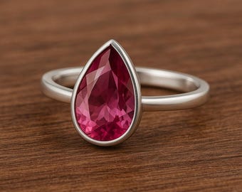 Pink Tourmaline Silver Ring,925 sterling silver ring, Tourmaline Pear Cut Ring, Statement Bezel Women  Minimalist ring, handmade Silver ring