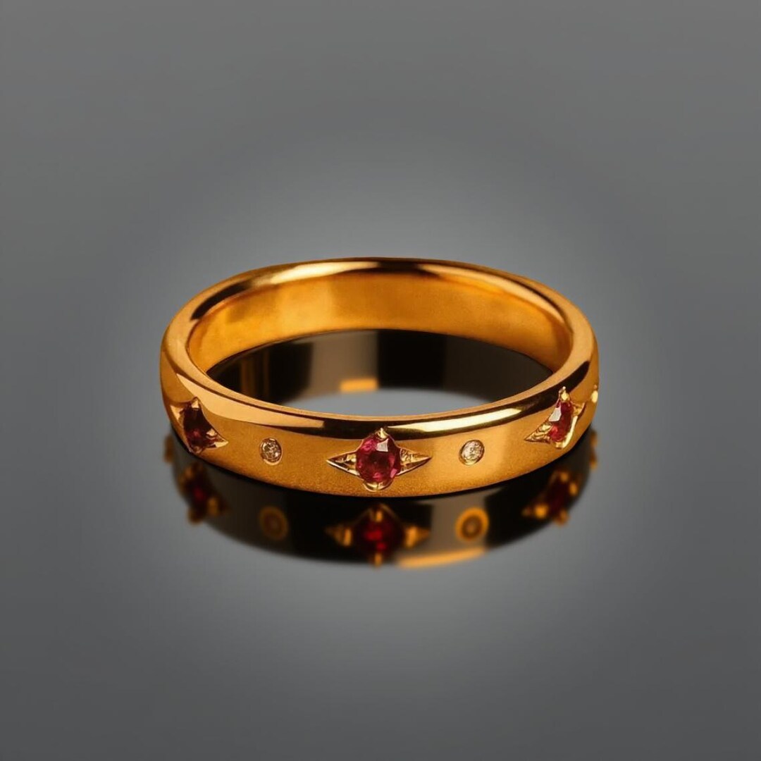 14k Solid Gold Ruby Wedding Band Thick Band Ring for Women Pave Ruby ...