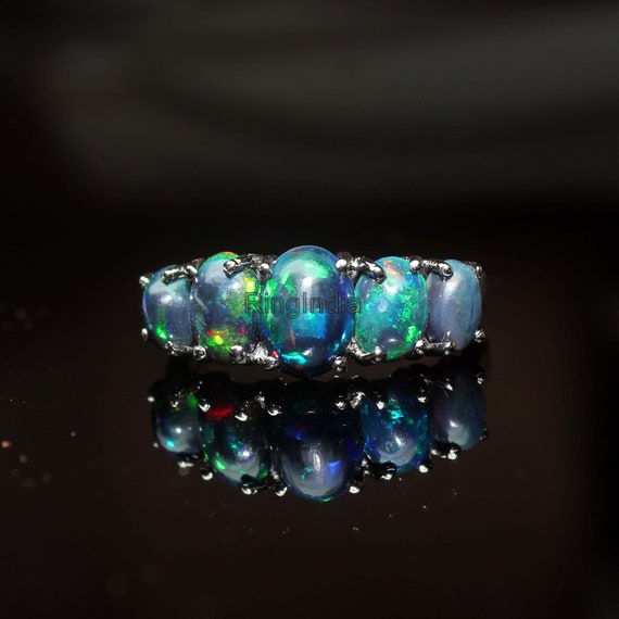 14K Solid gold natural Black Opal Ring 14K White Gold Ring Fire Opal Ring Eternity Ring Opal Jewelry Wedding Ring Ethiopian Black Opal Ring