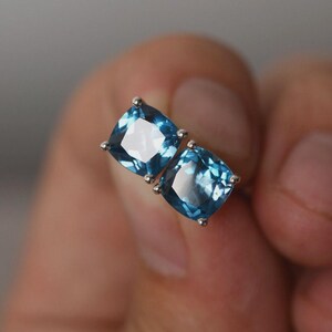 Blue Topaz Stud Earrings-925 Sterling Silver Earring-Cushion Cut Natural Blue Topaz Studs-Statement Minimalist Earrings-Handmade Earring