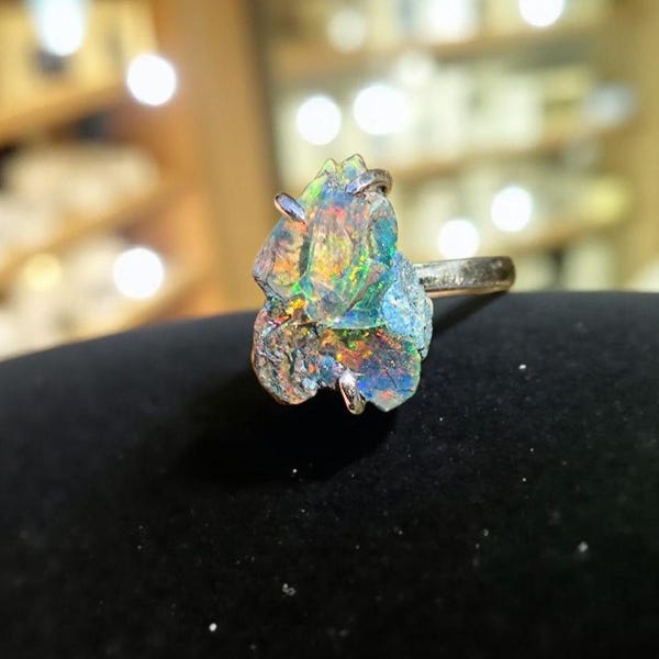 Natural Black Opal Rough Ring-925 Sterling Silver Ring-Raw Opal Ring-Stackable Ring-October Birthstone Ring-Gift For Her-Welo Fire Opal Ring