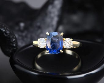 Cushion Cut Blue Sapphire Wedding Ring 14k Yellow Gold Solitaire Engagement Ring Prong Ring Bezel Set Moissanite Anniversary Gift for Her