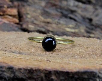 14K Solid Gold/Black Onyx Round Cabochon Gold Ring-Engagement Ring-Gift For Her-925 Sterling Silver Ring-Simple Ring-Black Gemstone Ring