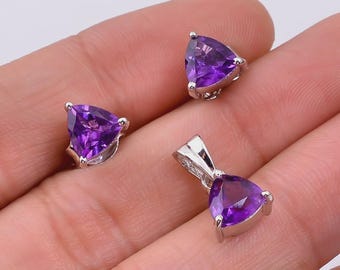 Natural Amethyst Jewelry Set, 925 Sterling Silver Set, Amethyst Cut Gemstone Jewelry Set, Earring & Pendant Set, Women Handmade Jewelry Set