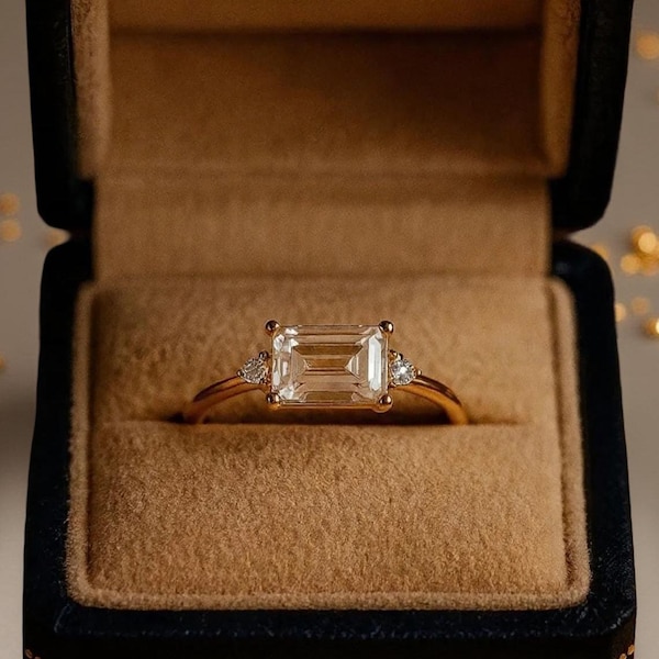 14k Gold Wedding Ring, Emerald Cut Moissanite Engagement Ring, East West Diamond Ring, Three Stone Ring, Minimalist Ring, Anniversary Gift