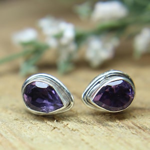 Natural Amethyst Earrings-Studs Earrings-Silver Earrings-February Birthstone Earrings-925 Sterling Silver Earrings-Pear Amethyst Earrings