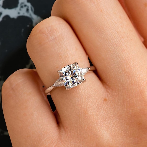 3 CTS Cushion Cut Moissanite Three Stone Engagement Ring 14k Solid Gold Wedding Solitaire Diamond Ring Bridal Anniversary Ring Gift for Her