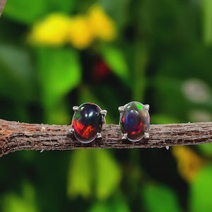 Puede incluir: Un par de pendientes de ópalo negro ovalados con destellos rojos, verdes y naranjas. Los ópalos están engastados en metal plateado, exhibidos sobre una pequeña rama marrón sobre un fondo verde borroso.