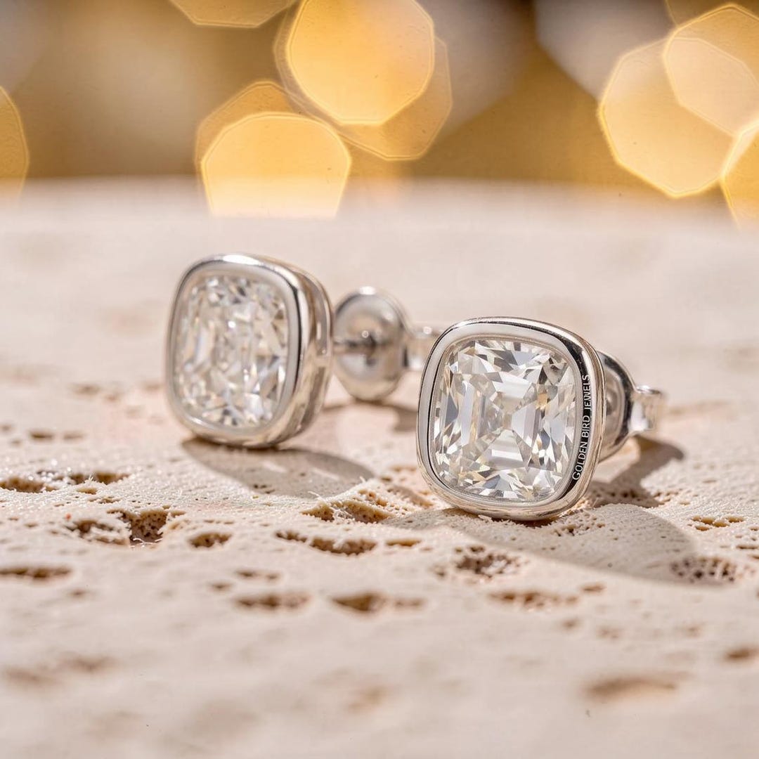 14K Gold Asscher Cut Moissanite Stud Earrings, Half Bezel