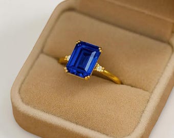 Emerald Cut Blue Sapphire Ring, 14k Yellow Gold Solitaire Engagement Ring, September Birthstone Jewelry, Moissanite Anniversary Gift for Her