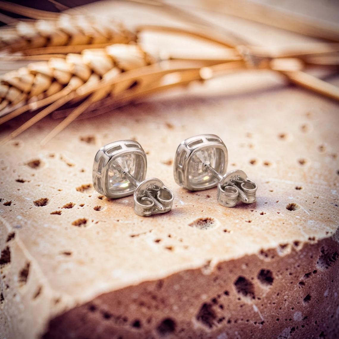 A❥︎ 14K Gold Asscher Cut Moissanite Stud Earrings, Half Bezel