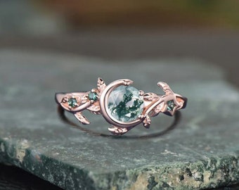 Anello in agata muschiosa, anello con pietra preziosa rotonda con design a stella lunare, anello nuziale con rubino, anello di fidanzamento con smeraldo, anello opale unico anello di promessa nuziale da donna