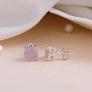 Pink Rose Quartz Stud Earrings-925 Sterling Silver Earring-Round Cut Natural Pink Rose Quartz Studs-Statement Minimalist Handmade Earrings