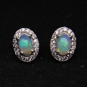Natural Opal Earrings-October Birthstone Earrings-925 Sterling Silver Earrings-Silver Earrings-Oval Cabochon Earrings-Stud Earrings