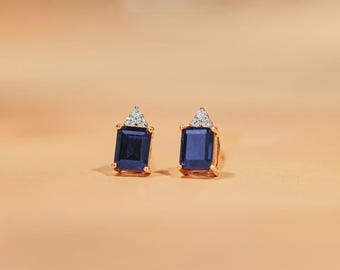 Pendientes de zafiro azul natural - Plata de ley 925 - Zafiro de talla octogonal - Pendientes minimalistas y llamativos hechos a mano para mujer