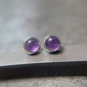 Amethyst Stud Earrings-925 Sterling Silver Earring-Round Cabochon Natural Amethyst Studs-Statement Minimalist Earrings-Handmade Earring