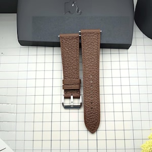 Handmade Brown Togo Watch Strap, Pebbled French Leather, Tonal Stitching, Silver Buckle, 18mm 20mm 22mm 24mm, Quick Release Option