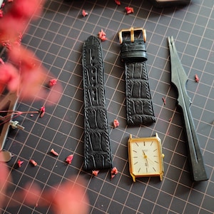 Black Alligator Watch Straps, Handmade Leather Watch Bands, Available in 26mm, 24mm, 22mm, 21mm, 20mm, and 18mm