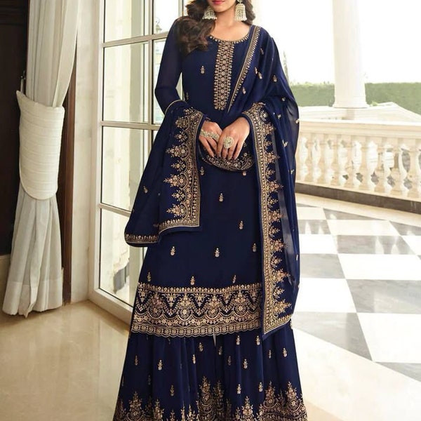 Designer Navy Blue Heavy Embroidered Kurti With Sharara And Dupatta Dress For Women, Partywear Pakistani Gharara For Eid