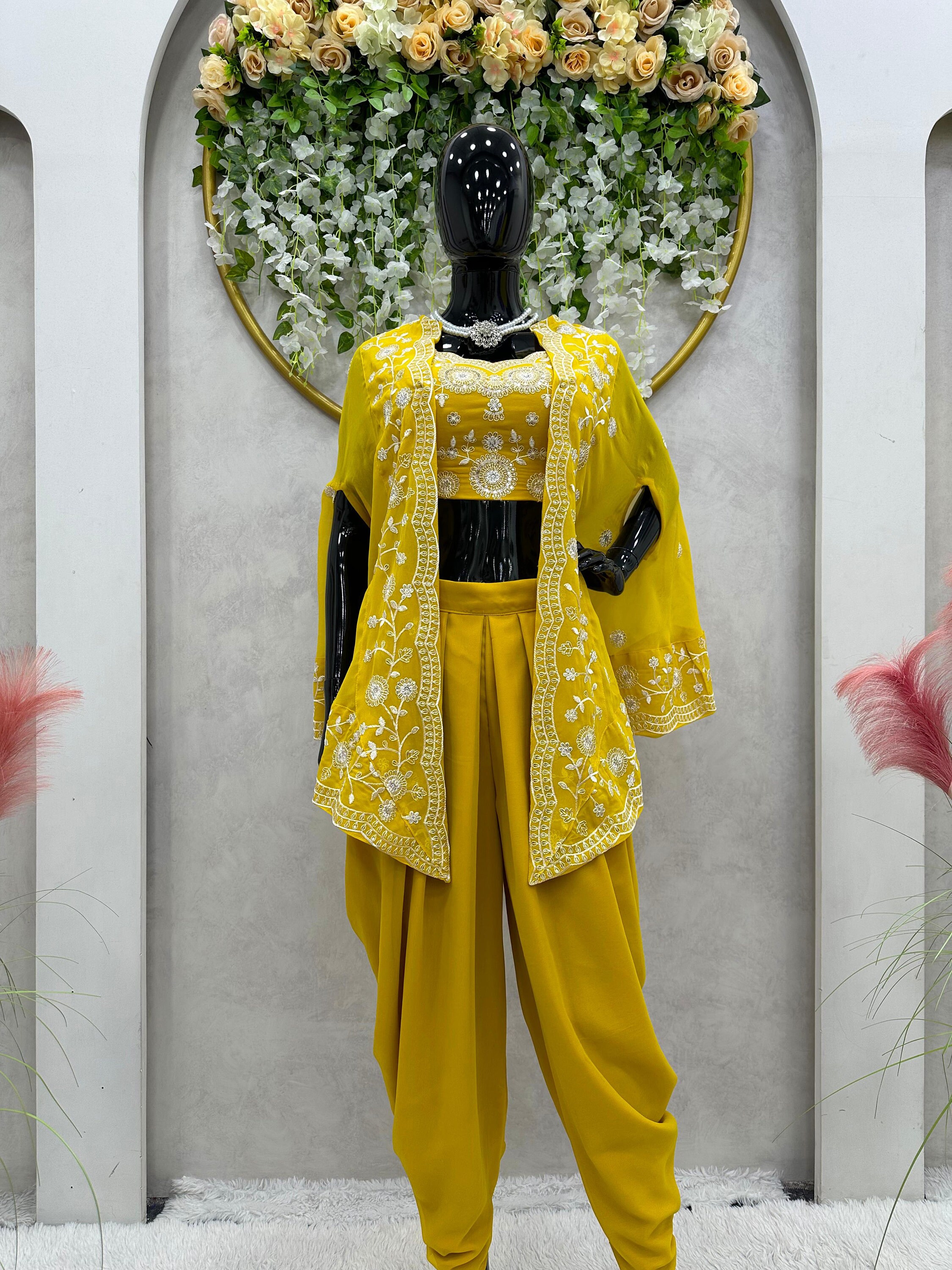 Yellow Dhoti Pants with Embroidered Jacket