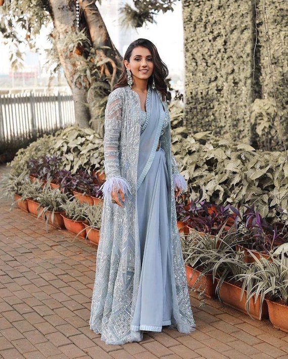 Bollywood Style Party Wear Bridesmaid Sky Grey Color Ruffle Plain Saree  With Designer Silk Blouse and Net Zari Work Jacket for Women 