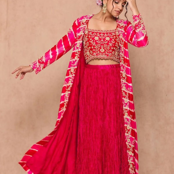 Designer Party Wear Shrug Style Georgette Lehenga Choli For Women, Indian Bridesmaid Embroidered Ghagra Choli With Koti