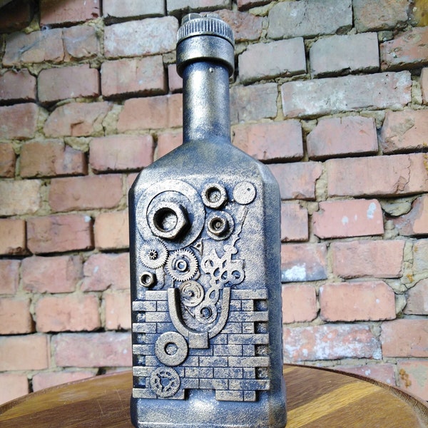 Bronze Steampunk bottle with metal details, Steampunk Industrial Vintage Bottles, SteamPunk Decor, Steampunk Bottle Art, Bottle Decor