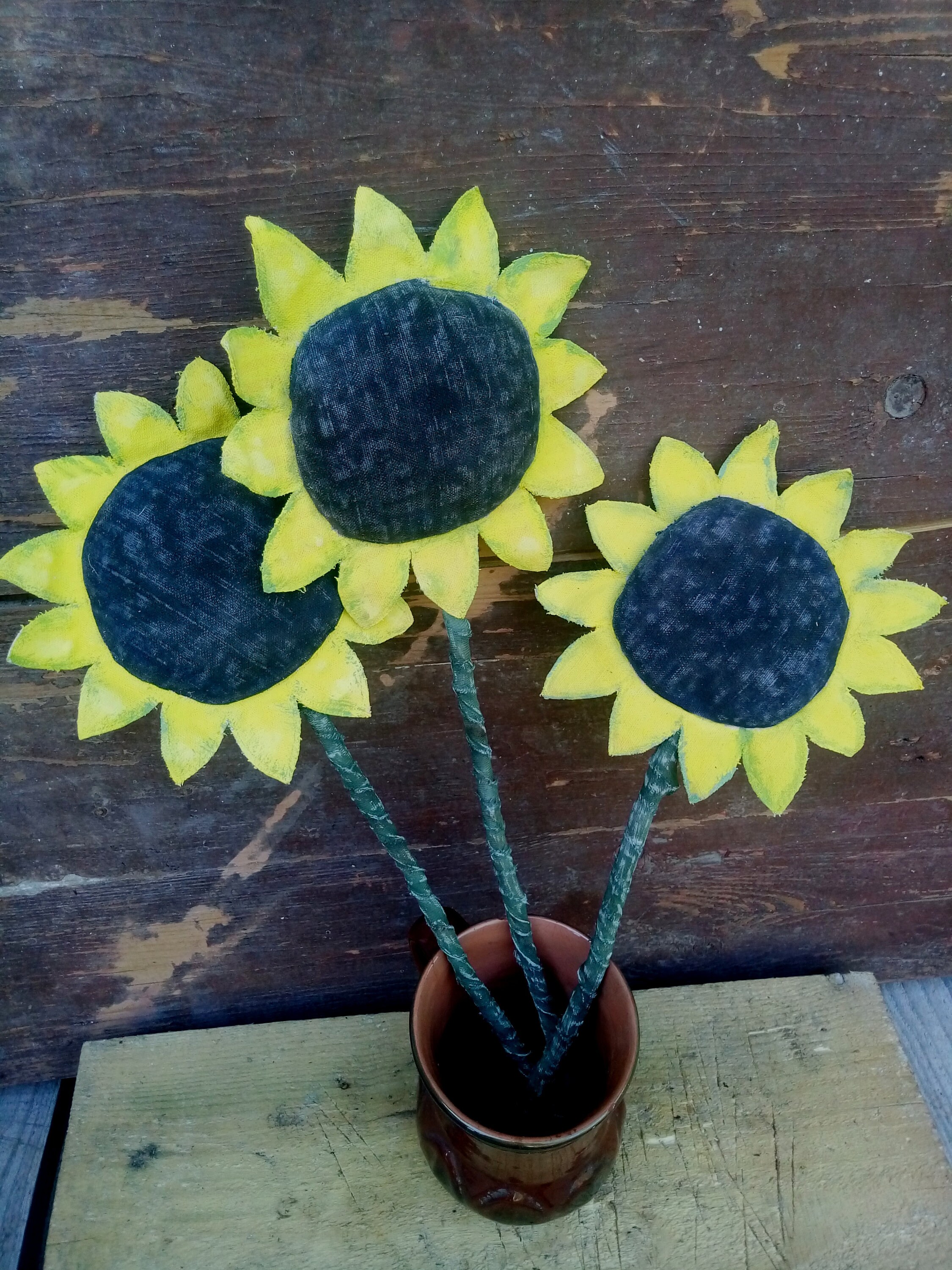 Primitive Textile Flowers, a Set of 3 Primitive Sunflowers, Handmade Sunflower, Flowers Rustic