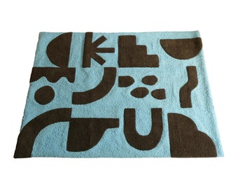 Tapis géométriques 200x145cm pour le salon, tapis tufté, tapis bleu, tapis d'accent d'art contemporain, tapis moderne, tapis en laine fait main, tapis