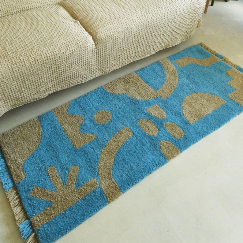 70x180cm contemporary rugs for bedside, tufted rug, runner rug with fringe, modern rugs, runner carpet, bold interior, abstract rug paleblue image 2