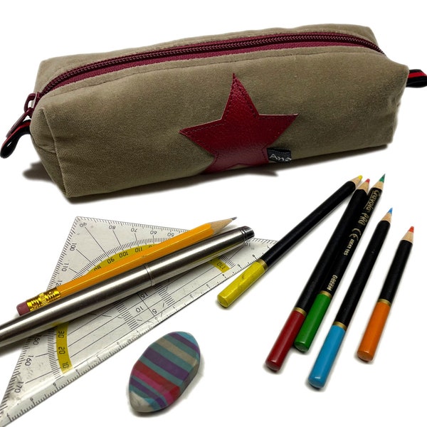 Pencil case made of upcycled velvet with a star in beige-red * 2 sizes * pencil case pencil case brush bag * Handmade Berlin