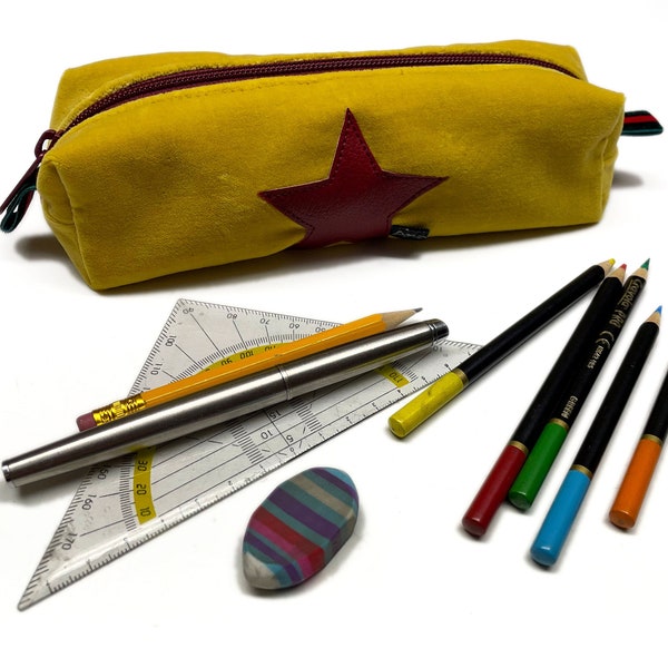 Pencil case made of upcycled velvet with a star in yellow-turquoise with palm trees * 2 sizes * pencil case brush bag * Handmade Berlin