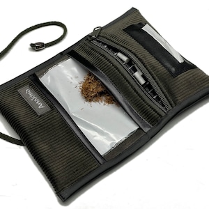 Porta tabacco in velluto a coste verde e pelle con/senza applicazione stella/teschio e nastro decorativo a scelta * Fatto a mano Berlino