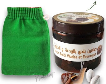 Moroccan Black Soap with Kessa Glove – Snail Extract & Cowrie Shell Beldi