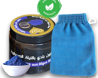 Moroccan Black Soap Blue Nila - Natural Beldi Soap with Body Exfoliating Kessa Glove Traditional Hammam Spa Skin Scrub Mitt Savon Noir 200g