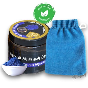 Moroccan Black Soap Blue Nila - Natural Beldi Soap with Body Exfoliating Kessa Glove Traditional Hammam Spa Skin Scrub Mitt Savon Noir 200g